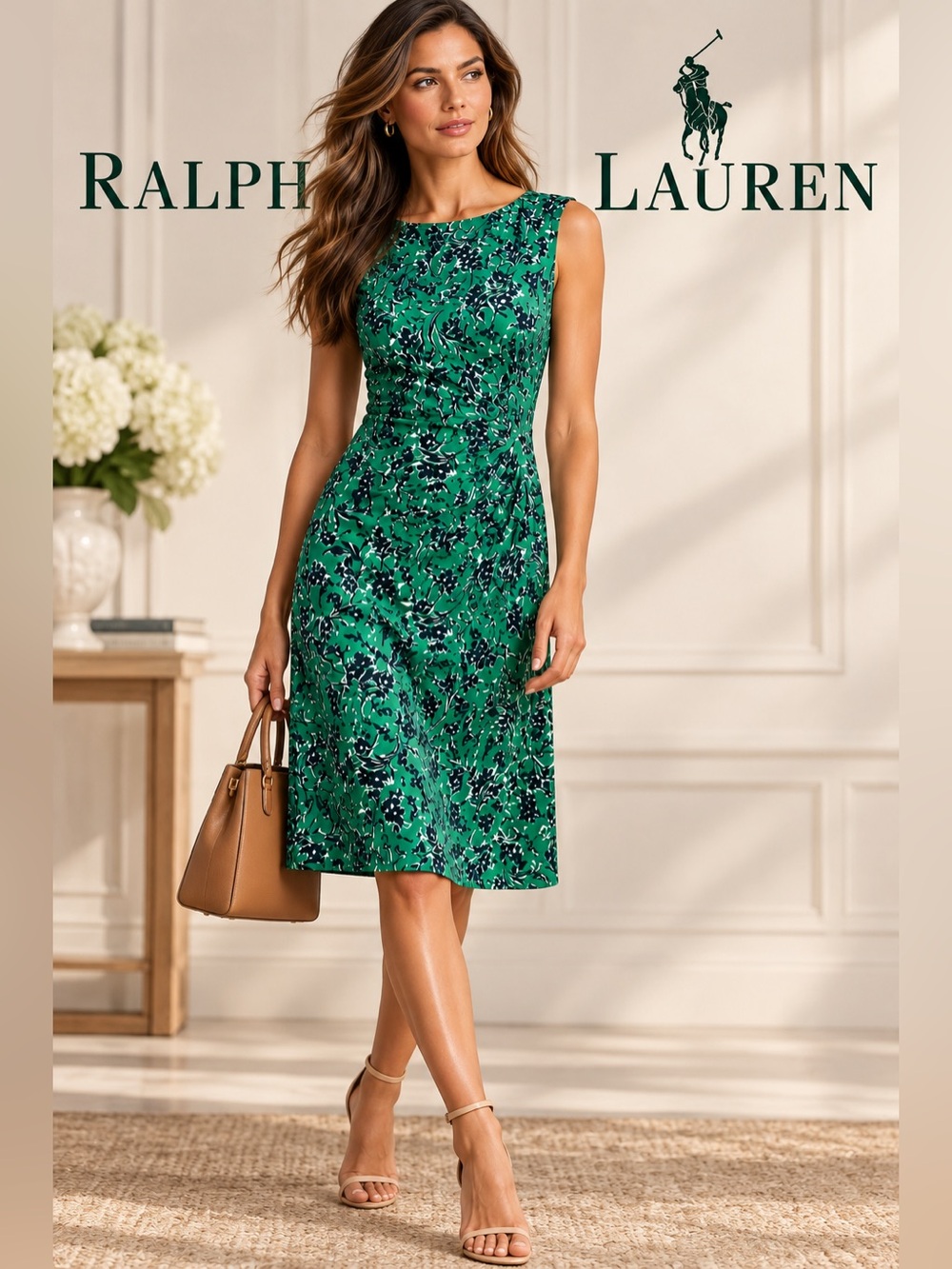 Lauren Ralph Lauren Green Navy Floral Sleeveless Fit & Flare Dress Size 4